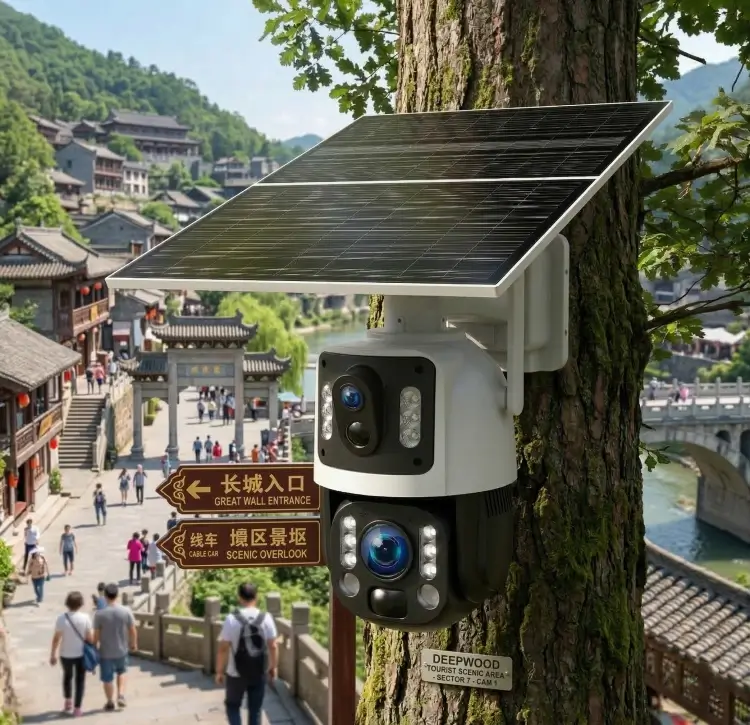 High-efficiency compact solar security camera installed in a tourist area for remote monitoring
