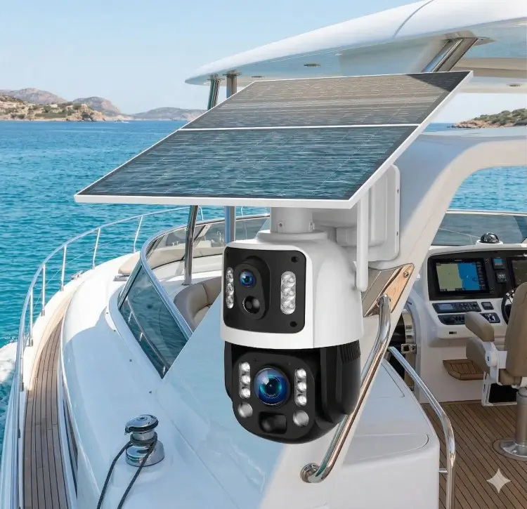 Compact solar security camera installed on a yacht for remote monitoring